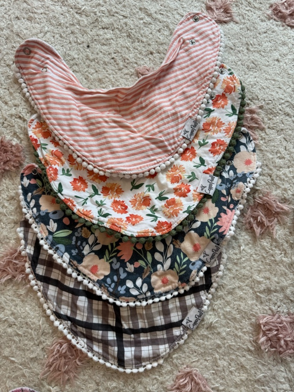 Bundle of 4 Copper Pearl Girls Bandana Bibs with Decorative Trim